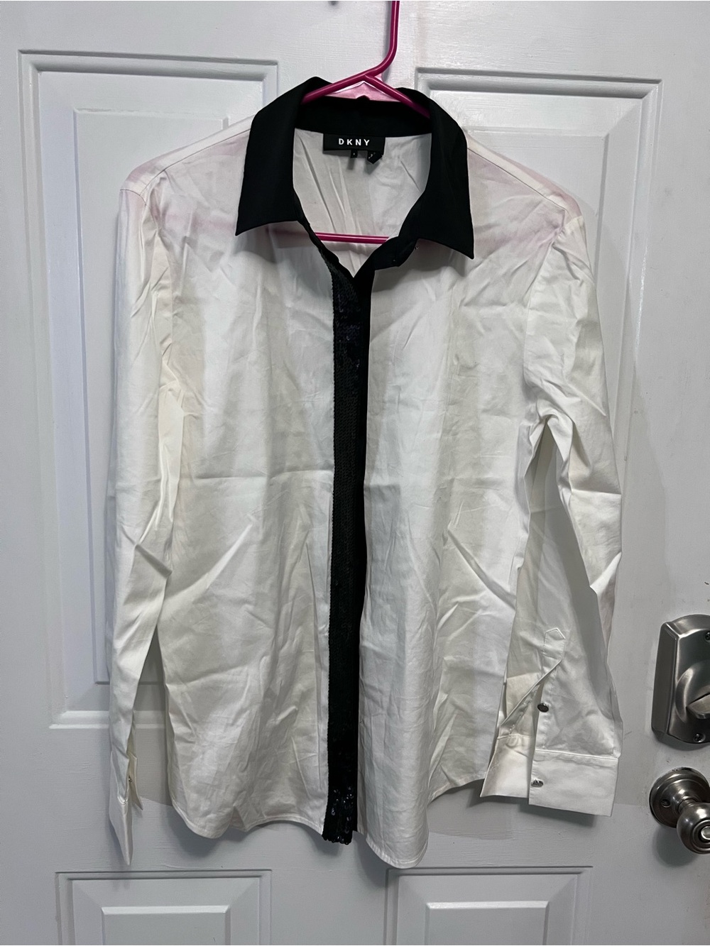 DKNY White Button Front Dress Shirt Size S Black Sequin Embellished Detail